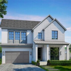 White two-story house with gray roof.